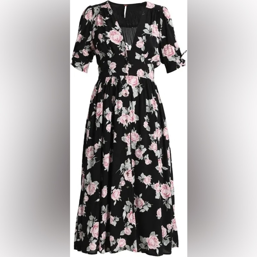 Free People Black Floral Button Up MIDI Dress S